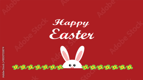 Adorable cartoon bunny wearing a bow tie peeking from behind a row of colorful tulips