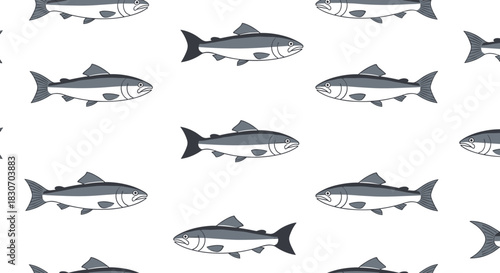 Seamless pattern with stylized salmon or trout fish swimming in rows on a plain white background for seafood or fishing themes.
