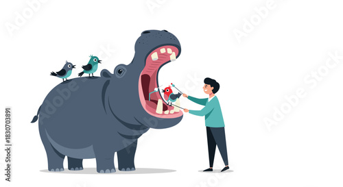 Friendly cartoon veterinarian or dentist character with help from small birds cleaning the teeth of a large happy hippopotamus.