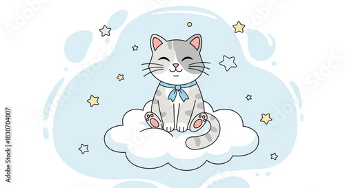 Sweet gray and white tabby kitten with a blue bow sitting on a fluffy cloud surrounded by little stars in the sky.