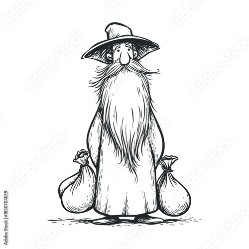 Sketch of an old man with a long beard and bags.