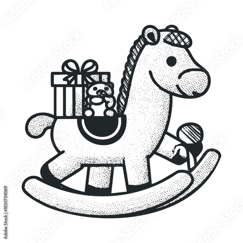 Dotted sketch of a rocking horse with gifts.