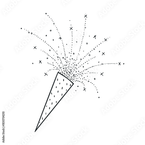 Sketch of a party popper bursting with dots