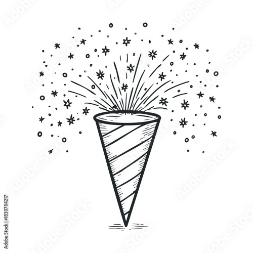 Sketch of a party popper exploding with confetti.