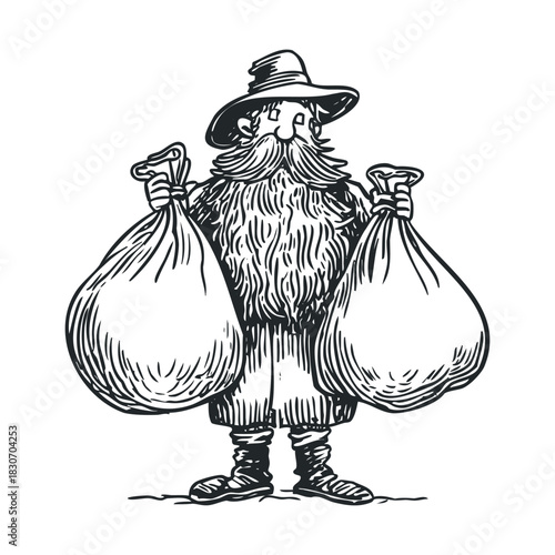 Engraving of bearded man carrying two large sacks.