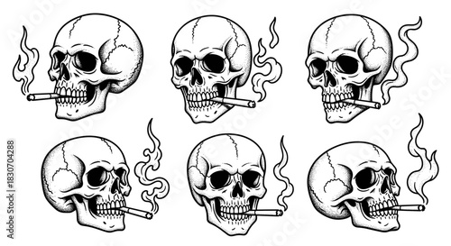 Set of Six Skulls Smoking Cigarettes with Smoke Wisps.