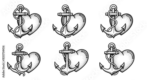 Heart Anchor Tattoo Design Set Nautical Love Symbol.