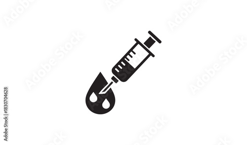 Black and white illustration of a syringe with falling drops of liquid