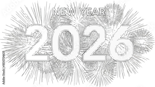 A black and white vector illustration of 'NEW YEAR 2026' with fireworks design on a plain background, conveying a celebratory mood with a cinematic feel.