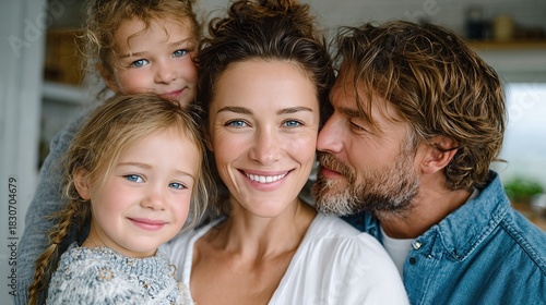 A family of four share a joyful moment in a bright indoor space, smiling and embracing each other, showcasing love, happiness, and connection in their everyday life.