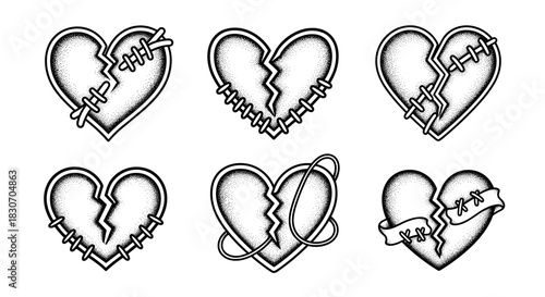 Collection of six broken hearts stitched together with thread and bandages.