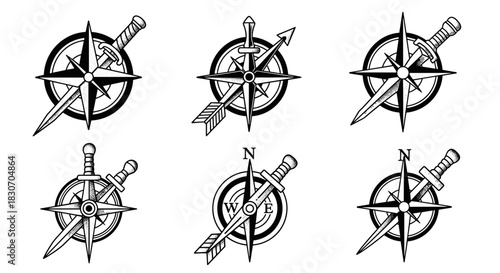 Set of Six Vintage Compass Rose Designs with Swords and Arrows.