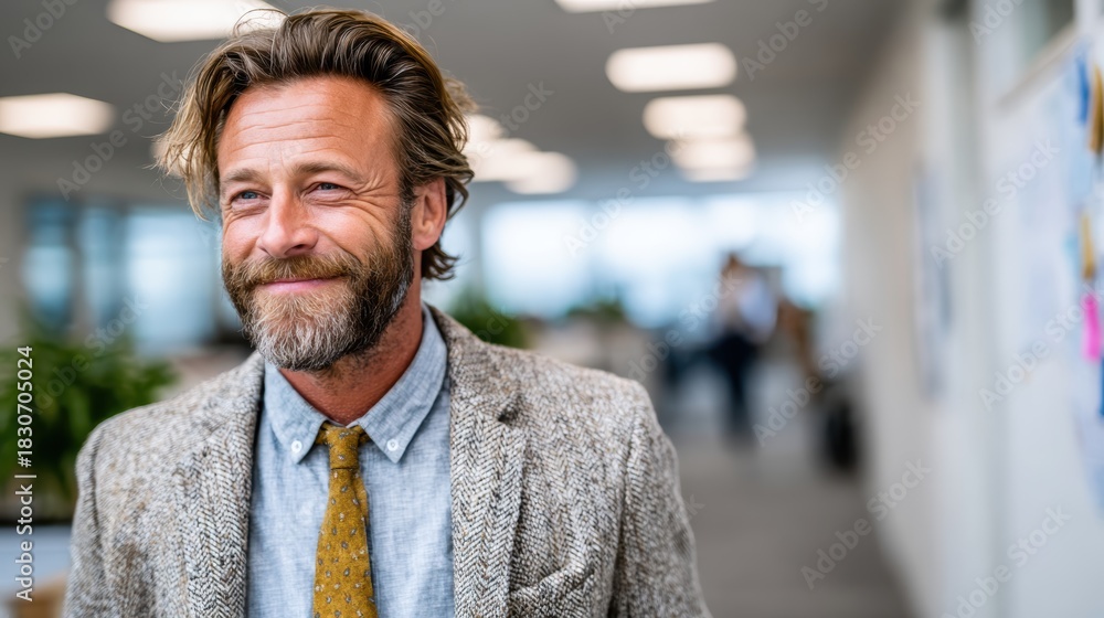 Obraz premium A confident man with long hair and a beard smiles while wearing a stylish suit in a bright office, representing professionalism and positivity in the workplace.