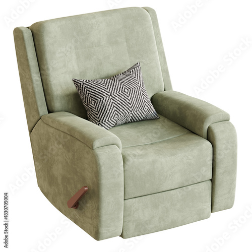 Green recliner chair with a black and white pillow on it