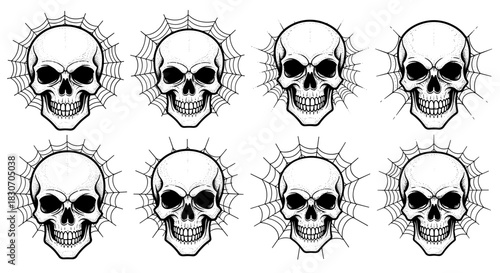 Skull illustrations with spiderwebs in a symmetrical arrangement for spooky design.