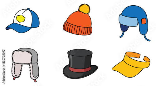 Colorful isometric hats collection featuring diverse fashion styles and creative headwear designs for trendy accessories, illustration elements, and modern apparel concepts
