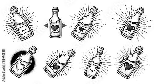 Set of Vintage Love Potion Bottles with Heart Designs.