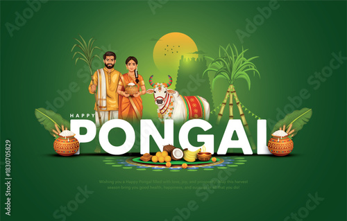 Vector illustration of Happy Pongal Holiday Harvest Festival of Tamil Nadu South India greeting vector background.