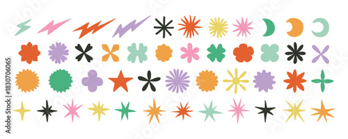 Y2K Minimalist retro Vector Geometric Shapes Set. Stars, Flowers and Circles with ZigZag Edge. Hand drawn Symbols, Labels and Icons.