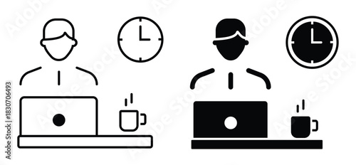 Office hours icon set in flat and thin line style. Time and schedule symbols.