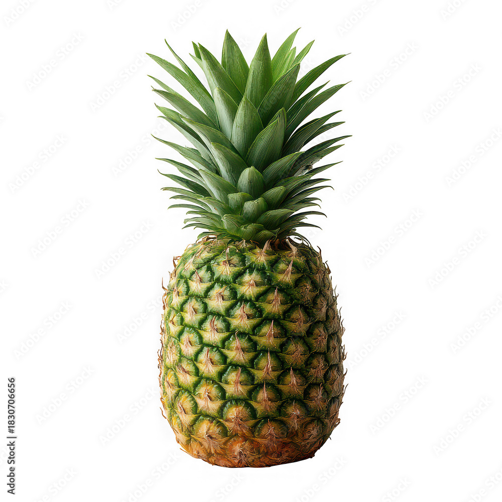 Fototapeta premium A whole ripe pineapple with a spiky green crown and textured golden skin isolated on transparent background