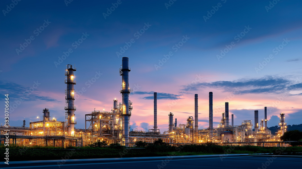 Fototapeta premium Expansive petroleum refinery and petrochemical manufacturing plant with complex equipment at sunset, industrial infrastructure, energy processing operations, large-scale manufactur