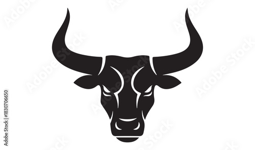 Bold black silhouette of a bull s head with fierce eyes and large horns