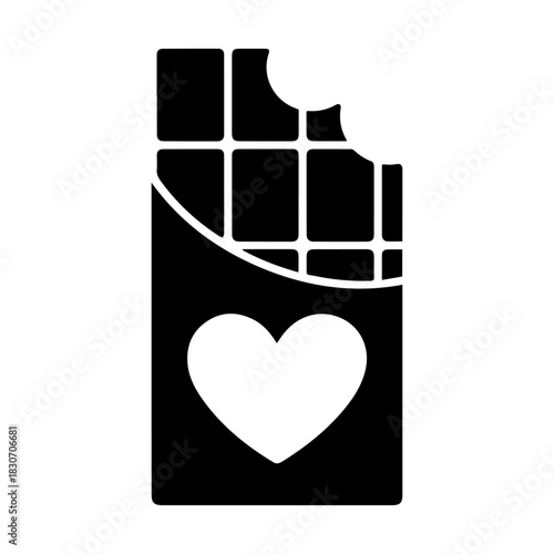 Silhouette of a bitten chocolate bar in a package with a heart, vector on a transparent background