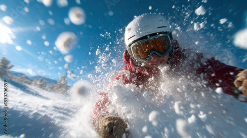 An energetic snowboarder captures an exhilarating moment on the slopes, surrounded by flying snow and bright blue skies, embodying the spirit of winter adventure and fun.