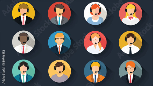 Customer service representatives support center employees wearing headsets and business attire
