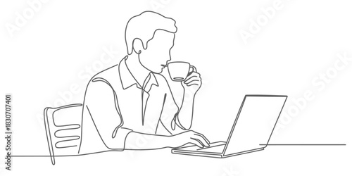 Continuous line drawing of a man working on a laptop while drinking water, showcasing productivity, focus, modern lifestyle, minimalism, home office, remote work, digital work, vector illustration