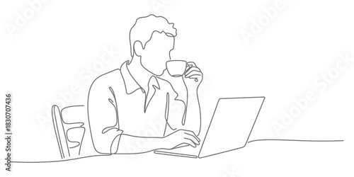 Continuous line drawing of a man working on a laptop while drinking water, showcasing productivity, focus, modern lifestyle, minimalism, home office, remote work, digital work, vector illustration