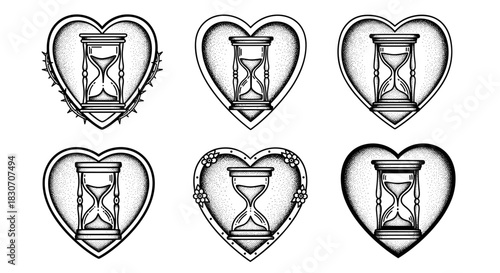 Set of Six Heart Shaped Hourglass Tattoo Designs.
