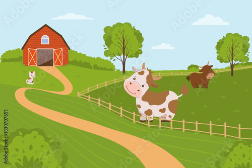 Vector illustration of a cartoon farm with a happy cow, a brown bull, and a smiling cat near a red barn. The animals are set in a lush green field, showcasing a serene rural landscape.