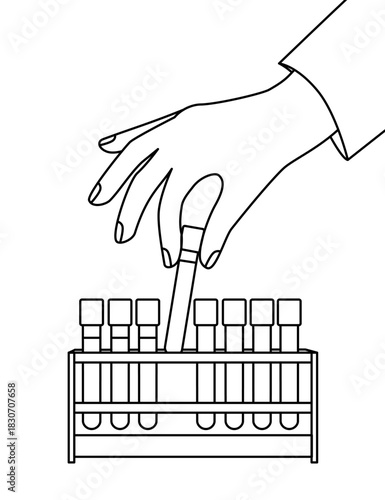 Line drawing of a test flask with a stand holding other flasks. Illustration of conducting tests.