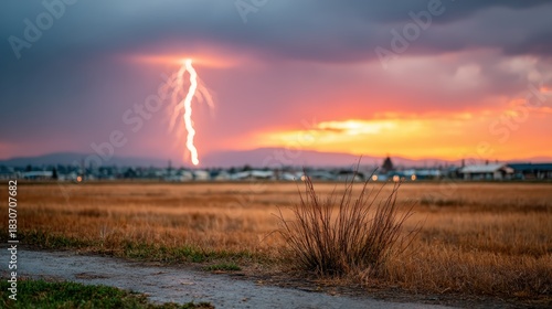Wallpaper Mural A breathtaking view of lightning illuminating the sunset sky, showcasing the raw power of nature and the contrast between serenity and chaos in the beautiful landscape. Torontodigital.ca