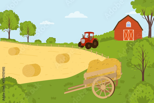 Farm Landscape with Tractor and Hay Bales Vector Illustration