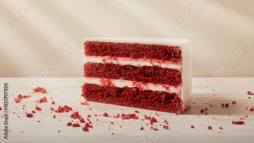 Vibrant red velvet cake with smooth white frosting displayed on a wooden surface showcasing detailed layers with crumbs illuminated by soft natural light creating a warm and inviting atmosphere