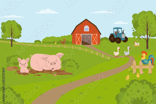 Vector illustration of a farmyard featuring pigs playing in mud, chickens, ducks, a tractor, and a red barn. Lush landscape with trees, greenery, and farm animals adds charm.