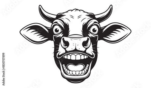 Close up of a black and white illustration of a surprised cow head with wide eyes and open mouth