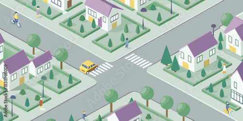 Isometric neighborhood illustration with houses trees people and a car