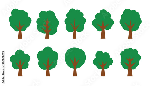 Set of green tree vector illustration nature ecology forest icon. cartoon green trees with brown trunks in flat vector style. Tree collection of Natural forest element icons.