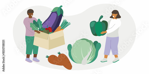 People with fresh vegetables farmers market or community supported agriculture concept