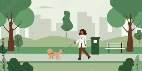 Woman walking dog in park on leash with city skyline