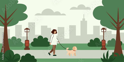 Woman walking her dog in the park on a leash illustration
