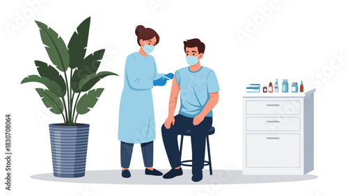 Doctor administering vaccine to patient in a medical room with plants and medical supplies