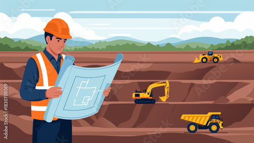 Construction worker inspecting blueprints at a construction site with heavy machinery, planning and development concept