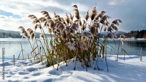 Winter reeds covered in snow by a frozen lake on a cloudy day.