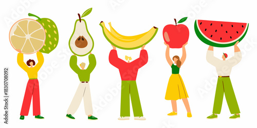 People holding giant fruits healthy eating and lifestyle concept