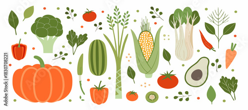 Colorful flat design vegetable and fruit illustration on white background